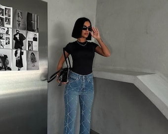 Rhinestone Grid Straight Leg Jeans , Y2K Sparkly Denim Pants High Waist Blue Jeans , Trendy Streetwear Wide Leg Denim