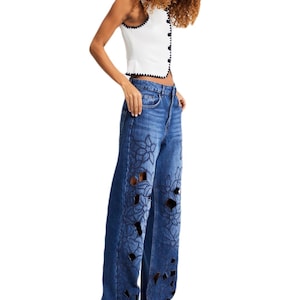 Floral Cutout Embroidered Wide-Leg Jeans – Statement Denim for Women