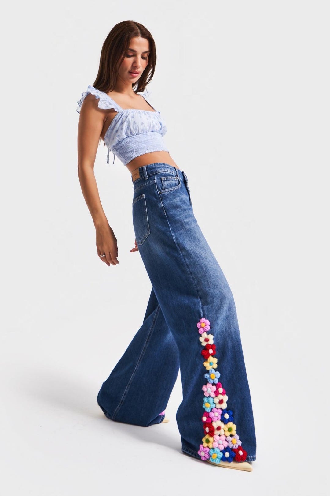 Women's Wide-leg Denim Jeans With Crochet Flowers Handmade Boho