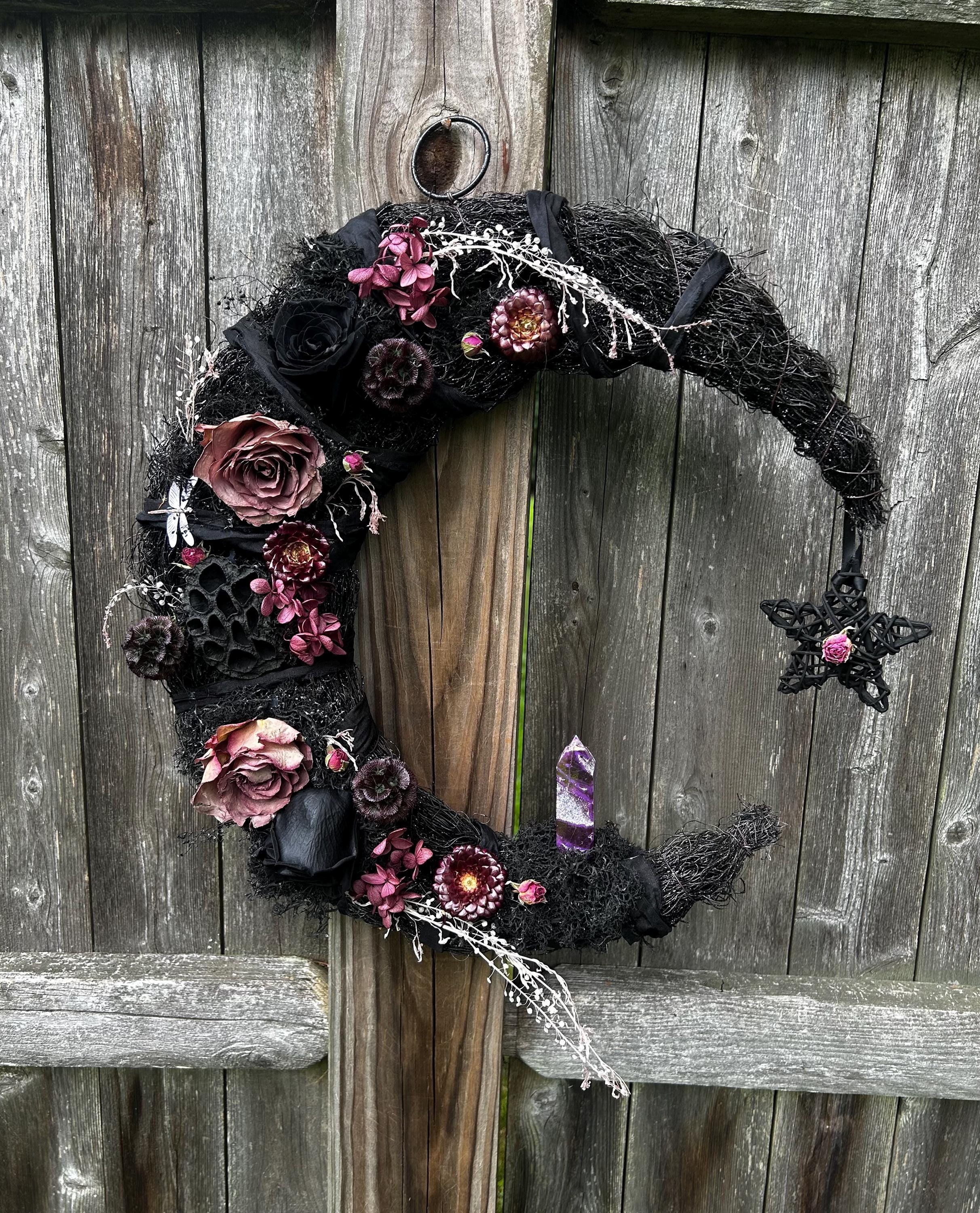 Crescent Moon Wreath With Purple Sphalerite Tower, crystal wreath, moon wreath, witchy decor, lunar decor, moon lovers, dried flower wreath