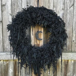 Black Cascading Wreath, spooky wreath, black wreath, witchy, spooky decor, floral decor, gothic, moon wreath, dark cottagecore, juniper