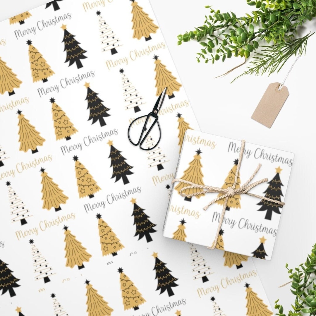 Black and Gold Christmas Wrapping Paper, Christmas Tree Wrapping Paper