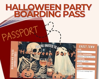 Halloween Party Boarding Pass Invite, Cute Ghost, Custom flight ticket, Editable Canva Template, surprise ticket, personalized invitation