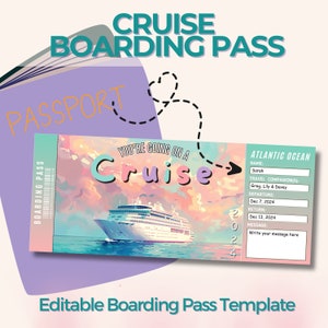 Tarjeta de embarque de crucero, billete de crucero personalizado, plantilla de Canva editable, billete de regalo sorpresa, impresión de viaje personalizada, viaje en barco, crucero,