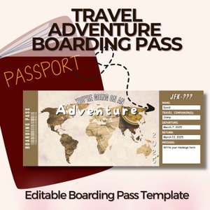 Tarjeta de embarque de aventura de viaje, billete de avión personalizado, plantilla de Canva editable, billete de regalo sorpresa, regalo de viaje personalizado