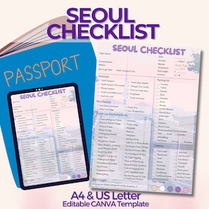 Modelo Canva da lista de verificação de Seul - planejador de viagens minimalista da Coreia do Sul e lista de baldes, lista de verificação DIY, lista de embalagem, mini guia de viagem,