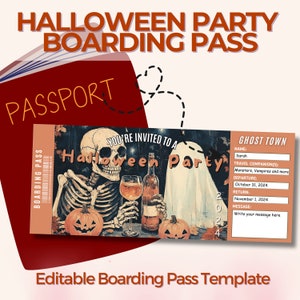 Halloween Party Bordkarte einladen, süßer Geist, benutzerdefiniertes Flugticket, bearbeitbare Canva-Vorlage, Überraschungsticket, personalisierte Einladung