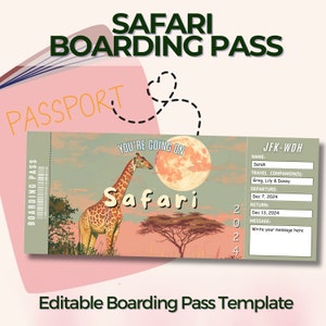 Safari Bordkarte, Benutzerdefiniertes Flugticket, benutzerdefinierte Canva Vorlage, Überraschungsgeschenkticket, personalisierter Reisedruck, Wildtier-Nationalpark