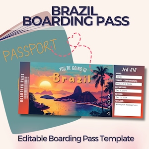 Cartão de embarque editável no Brasil, modelo de passagem aérea personalizado, viagem para meninas, bilhete surpresa, ideia de presente de aniversário personalizado, Rio de Janeiro