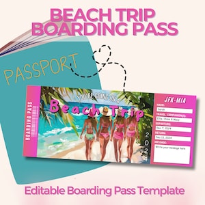 Beach Trip Boarding Pass, benutzerdefiniertes Flugticket, bearbeitbare Canva-Vorlage, Überraschungsgeschenkticket, personalisierter Reisedruck, Girls Trip,