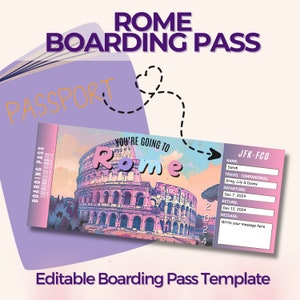 Carta d'imbarco Roma, biglietto aereo personalizzato, modello Canva modificabile, biglietto regalo a sorpresa, stampa di viaggio personalizzata, viaggio in Italia, Bella Italia
