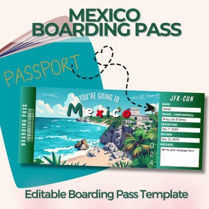 Mexiko Beach Bordkarte, benutzerdefiniertes Flugticket, bearbeitbare Canva Vorlage, Überraschungsgeschenkticket, personalisierter Reisedruck, Cancun, Tulum