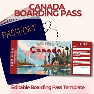 Carte d'embarquement pour le Canada, modèle de billet d'avion personnalisé, billet surprise, idée cadeau d'anniversaire personnalisée, vacances en famille, parc national