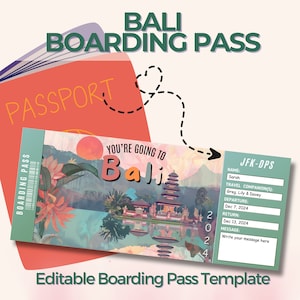 Bearbeitbarer Bali Boarding Pass, Benutzerdefiniertes Flugticket Canva Template, Überraschungsticket, personalisierte Geburtstagsgeschenkidee, Mädchenreise, Indonesien