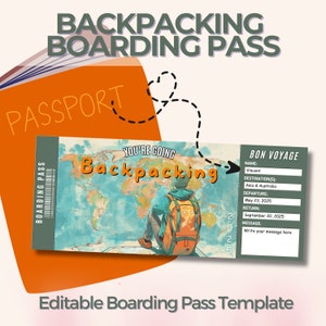 Biglietto a sorpresa "Bon Voyage" per backpacking, carta d'imbarco, biglietto aereo personalizzato, modello Canva modificabile, regalo di viaggio personalizzato, addio
