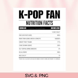 Funny K-Pop Fan SVG, K-Pop Multistan PNG, Nutritional Facts, KPop design, Digital Download, Sublimation design