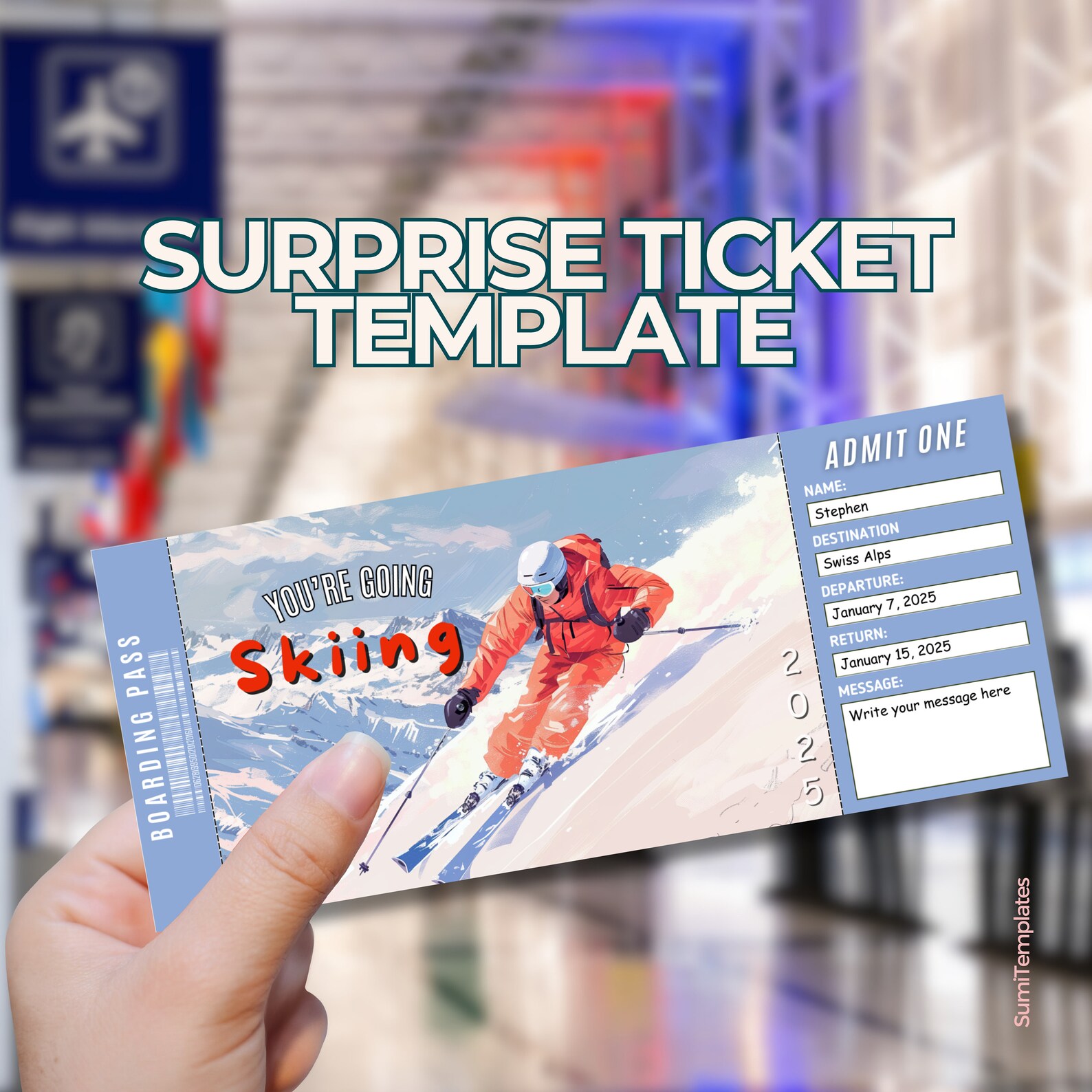 Editable Skiing Boarding Pass, Surprise Ticket, Custom Flight Ticket ...