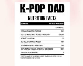 May include: A white graphic with the text "K-POP DAD NUTRITION FACTS". The graphic lists humorous "% Daily Value" facts about a K-Pop dad, including pretending to know group names and spending too much on merch. The bottom reads "SVG & PNG".
