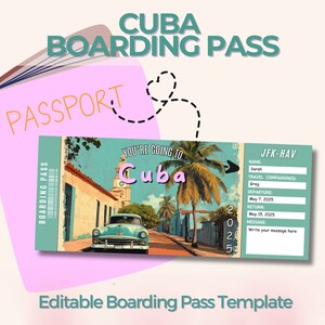 Bearbeitbarer Kuba-Bordpass, Überraschungsticket, benutzerdefinierte Kampfticketvorlage, personalisiertes Geburtstagsreisegeschenk, Havanna-Städtereise,
