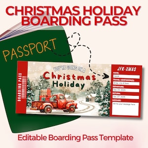 Christmas Holiday Boarding Pass, Family Xmas trip, Custom flight ticket, Editable Canva Template, surprise ticket, personalized travel gift,