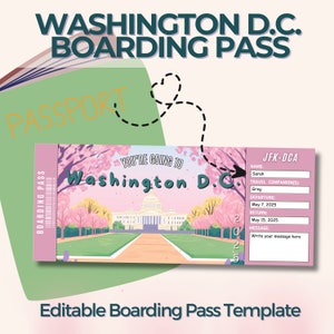 Washington DC Surprise Ticket, bearbeitbare Bordkarte, benutzerdefinierte Flugticketvorlage, personalisierte Geburtstagsgeschenkidee, Mädchenreise, US-Stadt