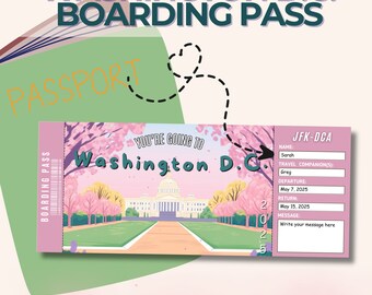 Washington D.C. Surprise Ticket, Editable Boarding Pass, Custom flight ticket Template, personalized birthday gift idea, girl trip, US city