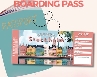 Stockholm Surprise Ticket, Editable Boarding Pass, Custom ticket Template, city trip, personalized birthday travel gift, Sweden city trip