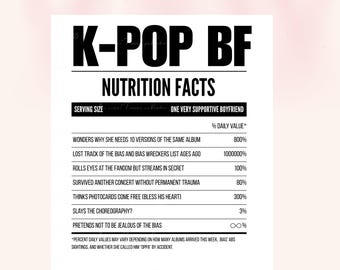 May include: A white graphic with black text that reads "K-POP BF Nutrition Facts." The graphic lists humorous "daily values" related to K-Pop fandom, such as "Wonders why she needs 10 versions of the same album" and "Pretends not to be jealous of the bias."