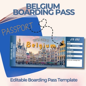 Biglietto a sorpresa per il Belgio, carta d'imbarco modificabile, modello di biglietto personalizzato, viaggio in città, regalo di compleanno personalizzato, Bruxelles, Gand