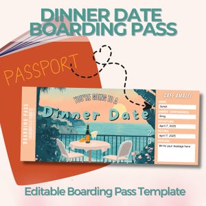Ingresso para jantar surpresa editável, cartão de embarque, ingresso personalizado, modelo do Canva, presente de aniversário personalizado para um encontro romântico