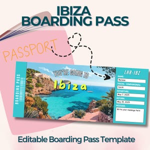 Ibiza Surprise Ticket, bearbeitbare Bordkarte, gefälschtes Flugticket, personalisiertes Reisegeschenk, Canva-Vorlage, Reise nach Spanien, Ibiza Party