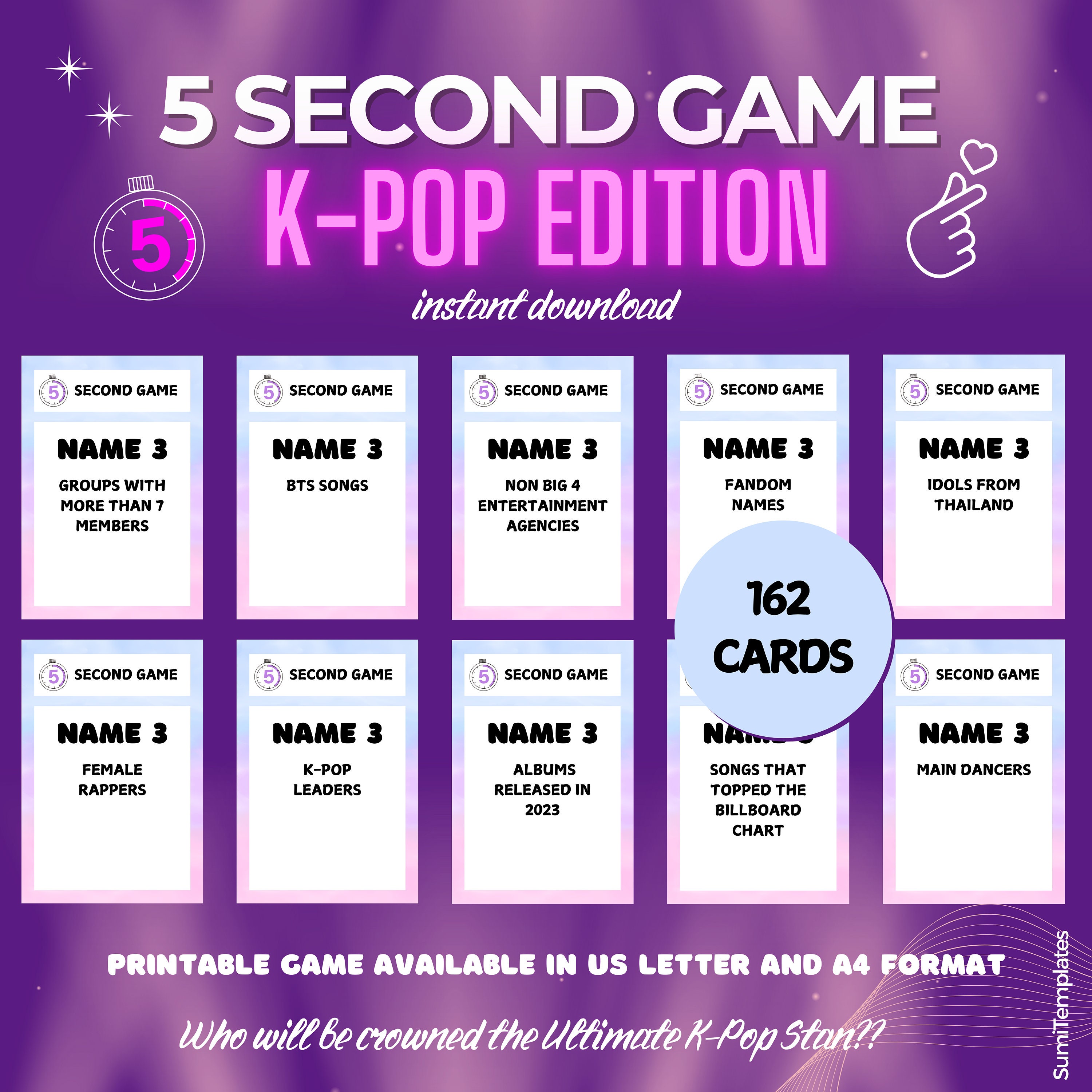 K-Pop 5 Second Game, printable party game, K-Pop Fan Game, Kpop Trivia, Printable Music Quiz, Ultimate KPOP Stan Battle, instant download,