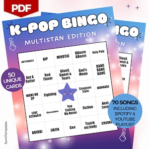 Afdrukbaar K-Pop-bingospel, Multistan-editie: 50 kaartenset, digitale download-pdf, direct downloaden, KPop-spel, muziekbingo, 70 kpop-nummers