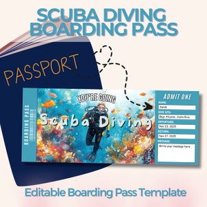 Scuba Diving Surprise Ticket, Boarding Pass, Custom flight ticket, Editable Canva Template,  personalized travel gift, Deep sea diver