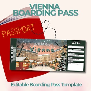 Carta d'imbarco Vienna modificabile, biglietto a sorpresa per il mercatino di Natale, modello di biglietto personalizzato, Europa, regalo di viaggio di compleanno personalizzato, Austria