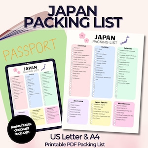Printable Japan Packing List, Japan Checklist, Color-coded packing list, PDF instant download