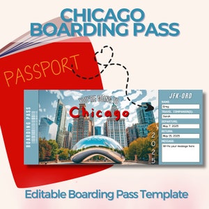 Bearbeitbares Chicago Surprise Ticket, Bordkarte, benutzerdefinierte Ticketvorlage, Städtereise, personalisiertes Geburtstagsreisegeschenk, USA-Städtereise Americ
