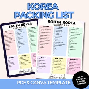Puede incluir: Una plantilla digital de lista de empaque para Corea del Sur, con secciones para lo esencial, ropa, artículos de tocador y electrónica. Incluye una lista de verificación previa al viaje de bonificación. El texto "KOREA PACKING LIST" está en la parte superior.