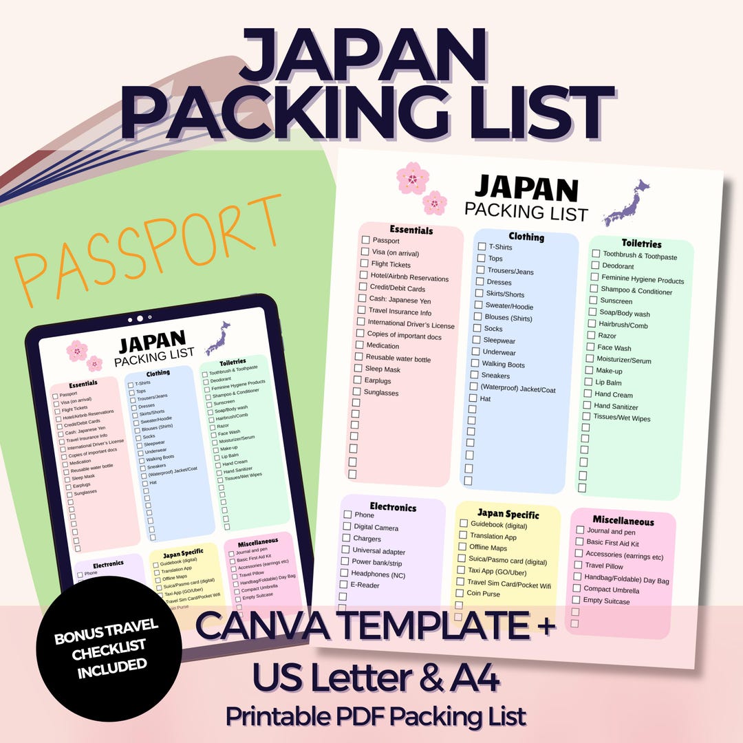 Packing List Example Japan Editable Japan Packing List, Printable Japan Checklist, Color-coded ...