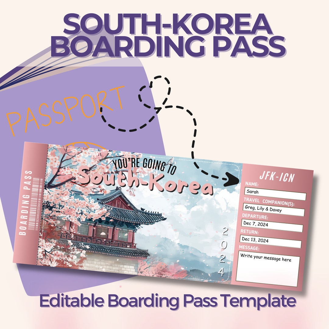Editable South Korea Boarding Pass, Custom Ticket Template, Seoul