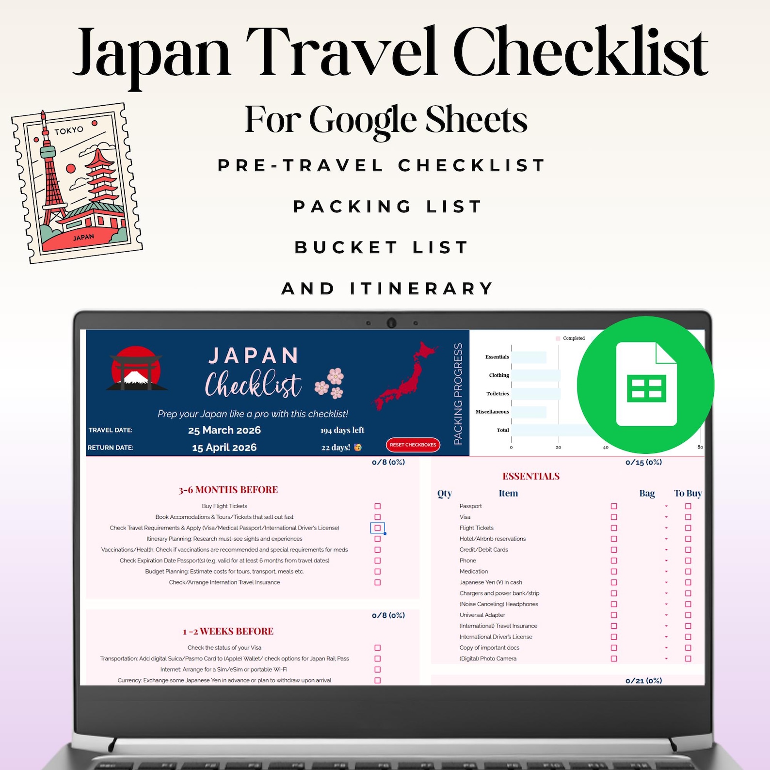 Japan Travel Checklist, Packing List, Google Sheets, Digital Travel ...