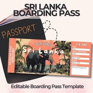 Sri Lanka Surprise Ticket, Editable Boarding Pass, fake flight ticket, Canva Template, personalized travel gift, family beach vacation,
