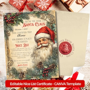 May include: A vintage-style Christmas certificate from Santa Claus, featuring a portrait of Santa with a long white beard and red hat. The certificate includes text that reads "Nice List" and "December 1, 2025".