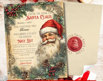 May include: A vintage-style Christmas certificate from Santa Claus, featuring a portrait of Santa with a long white beard and red hat. The certificate includes text that reads "Nice List" and "December 1, 2025".