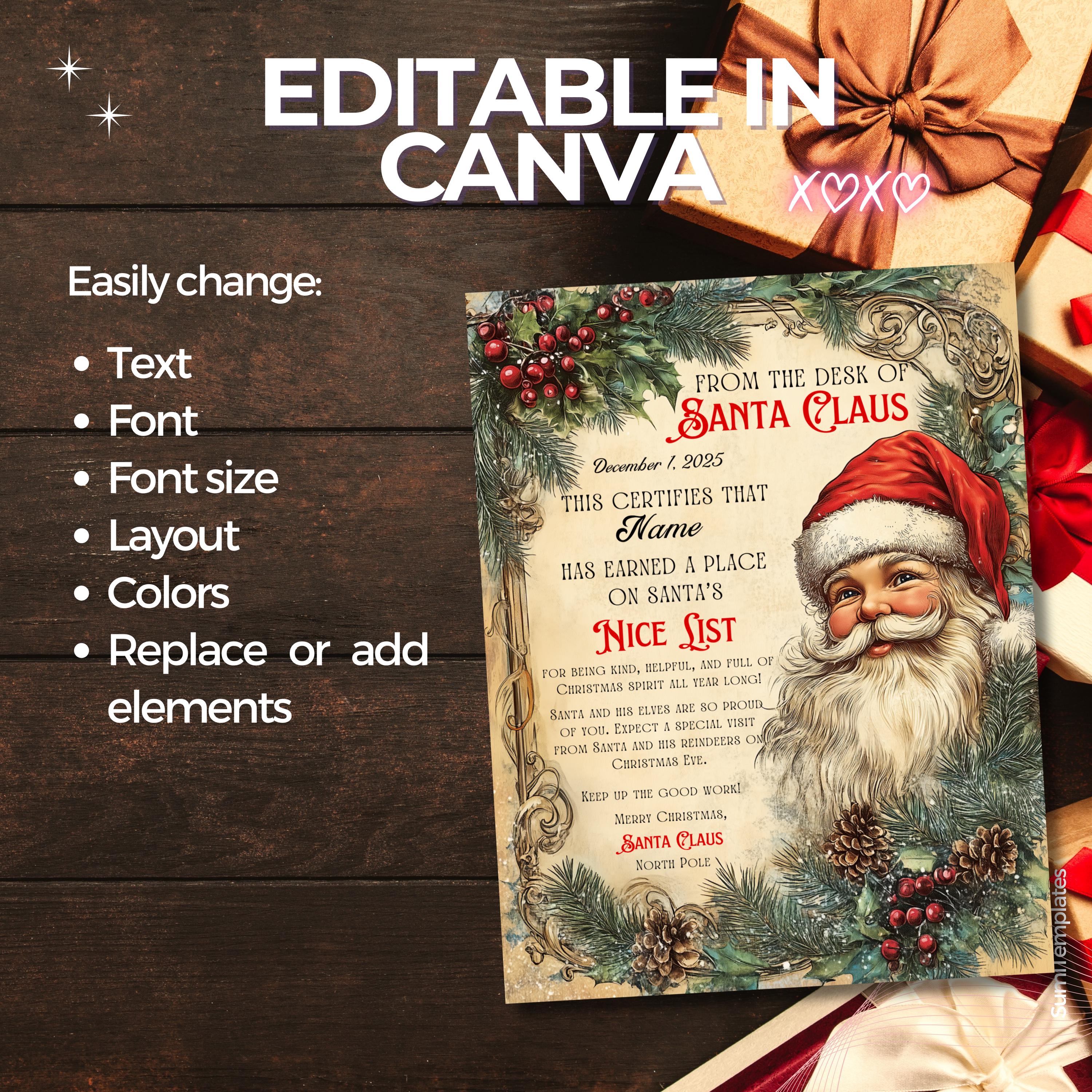 Letter From Santa Claus, Editable Canva Template, Nice List Certificate ...