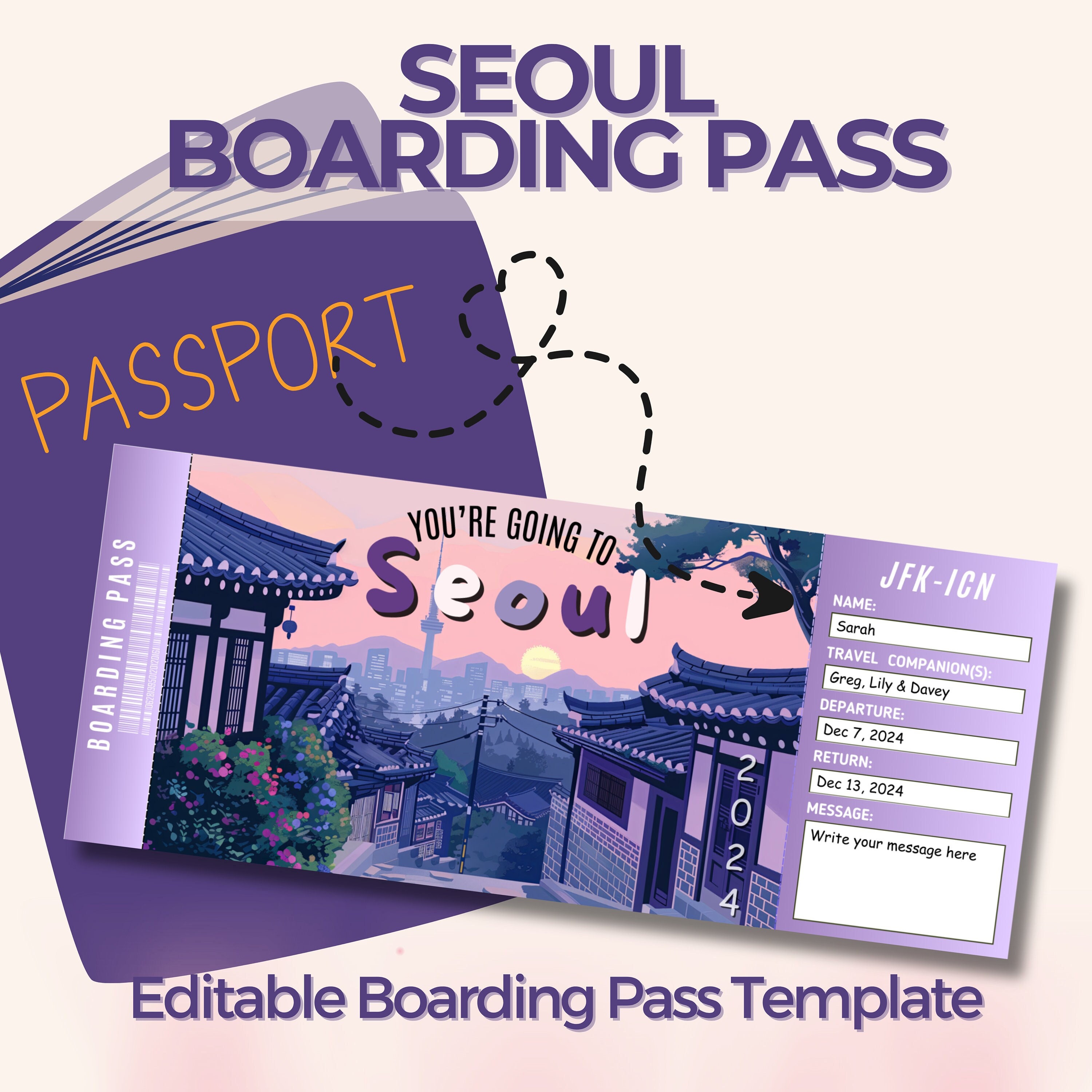 Editable Seoul Boarding Pass, Custom Surprise Ticket Template