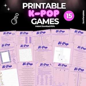Pode incluir: Um conjunto de 15 jogos imprimíveis com tema K-Pop. Os jogos incluem uma variedade de atividades como revezamento de dança, caça-palavras, perguntas e respostas e muito mais. Os jogos são projetados para fãs de música e cultura K-Pop.
