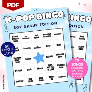 以下が含まれることがあります： 水色の背景に2枚のK-POPビンゴカード。カードには、曲名とフレーズが記載されたビンゴグリッドがあります。「Boy Group Edition」、「50 Unique Cards」、「70 Songs Including Spotify & YouTube Playlist」などのテキストが含まれています。