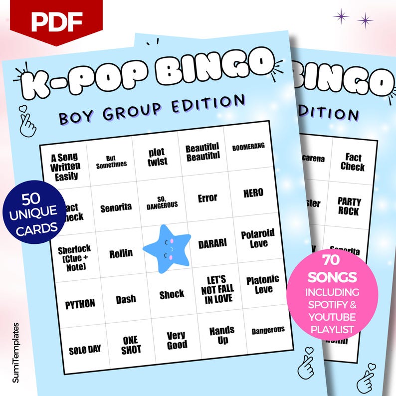 Printable K-pop Bingo Game, Boy Groups and K-bands – 50 Card Set ...