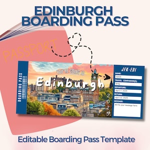 Carte d'embarquement pour Édimbourg, billet d'avion personnalisé, modèle de toile modifiable, billet cadeau surprise, impression de voyage personnalisée, voyage en ville en Écosse,